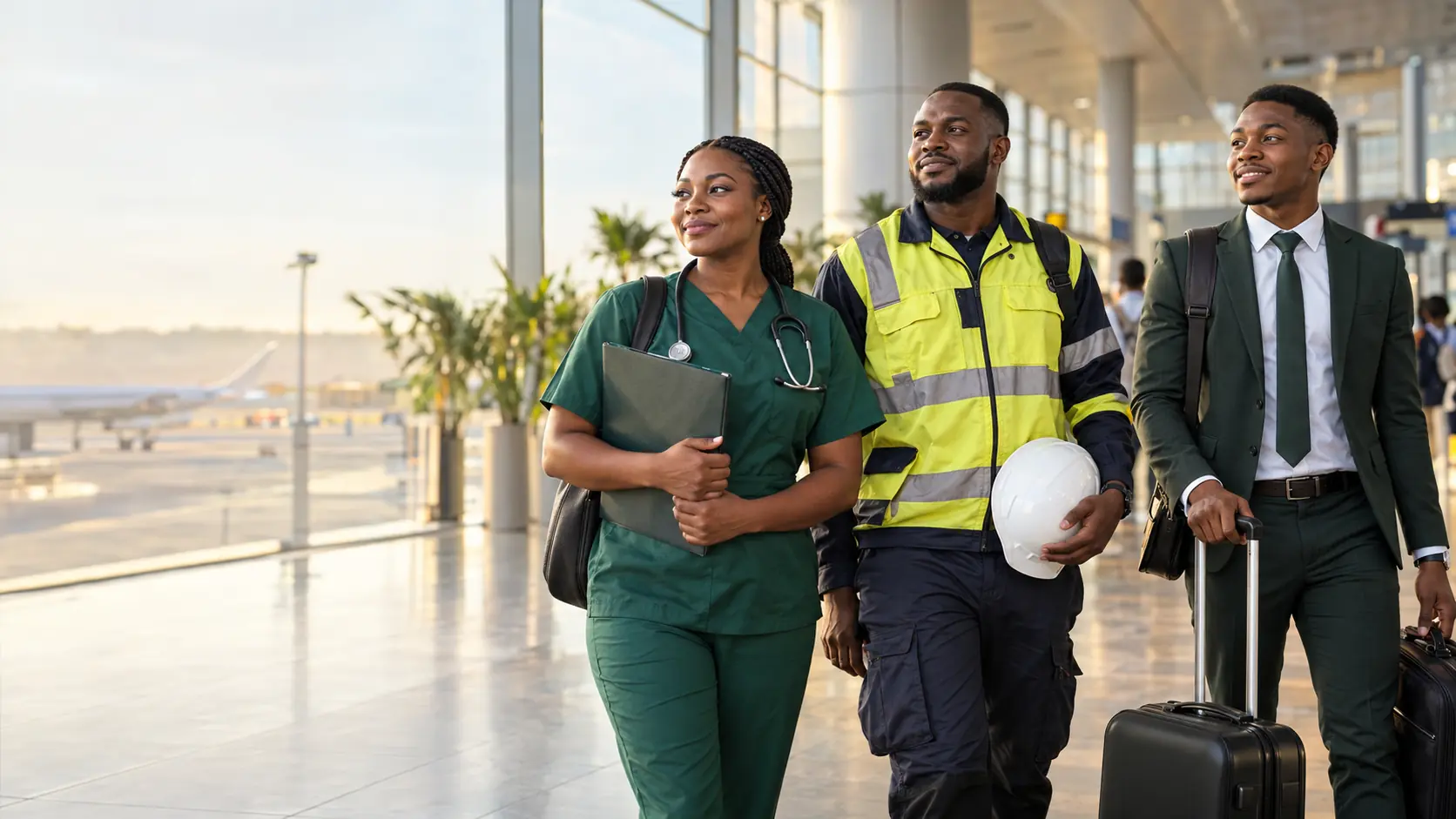 Professionals beginning an international journey at an airport
